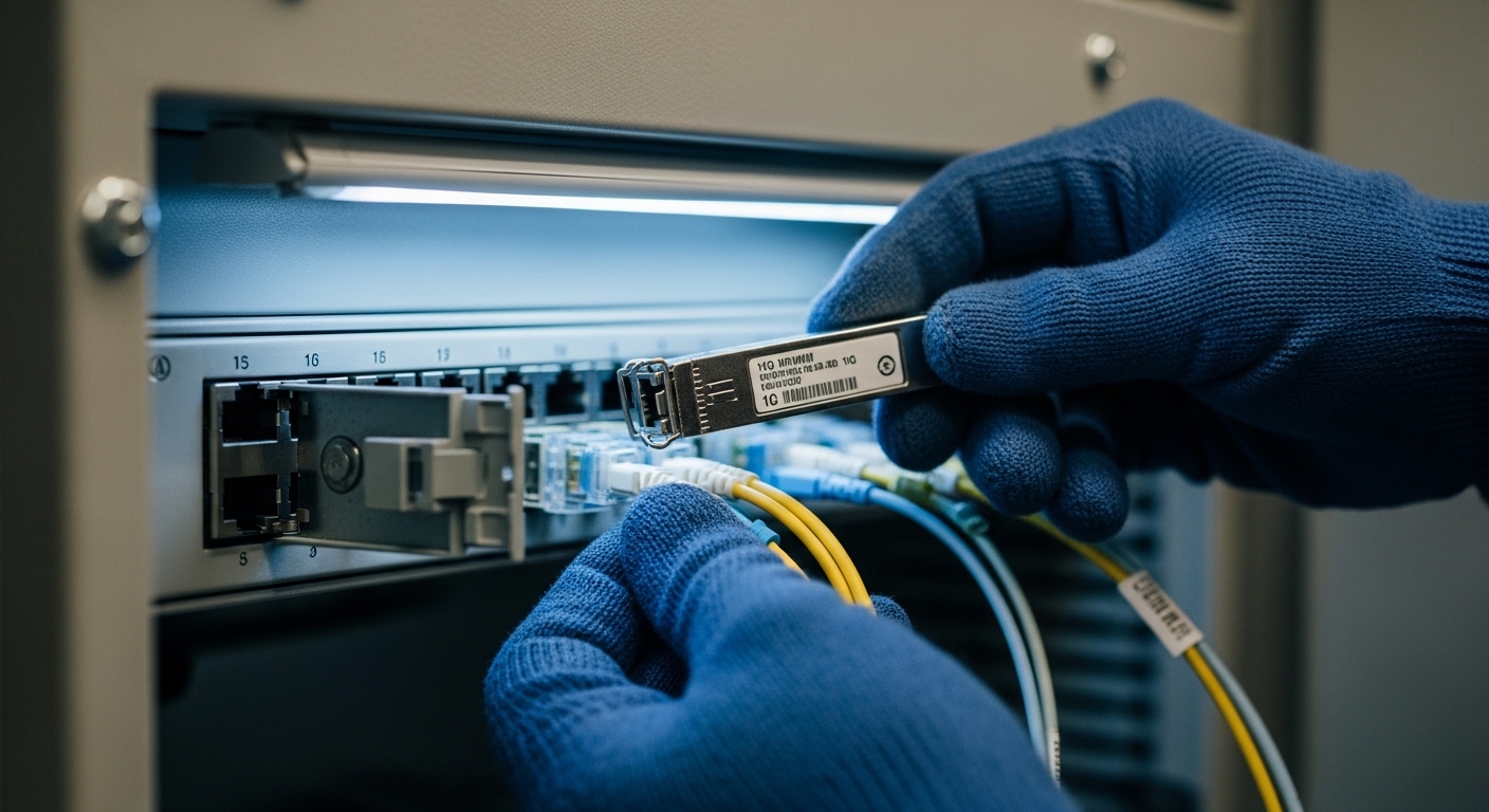 Photorealistic close-up photography inside a steel electrical cabinet at a wastewater treatment plant; a technician’s gloved 