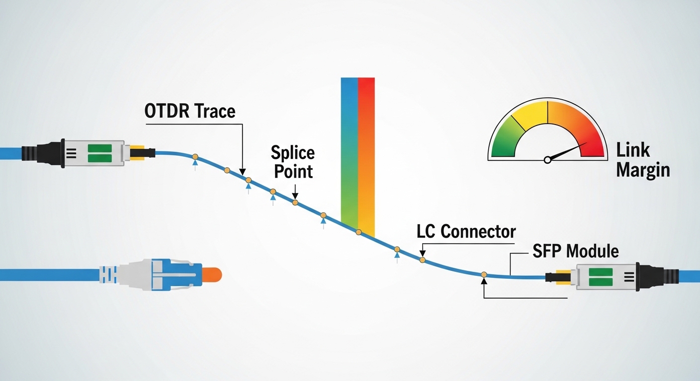 Engineering illustration in clean vector style, showing a simplified optical budget diagram for a power plant fiber link: OTD