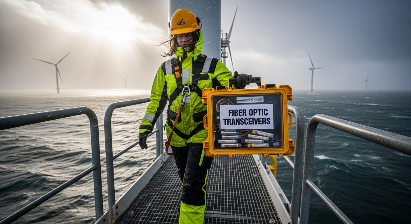 Lifestyle-style scene of an offshore wind technician in a hard hat carrying a small labeled spares kit with fiber optic trans