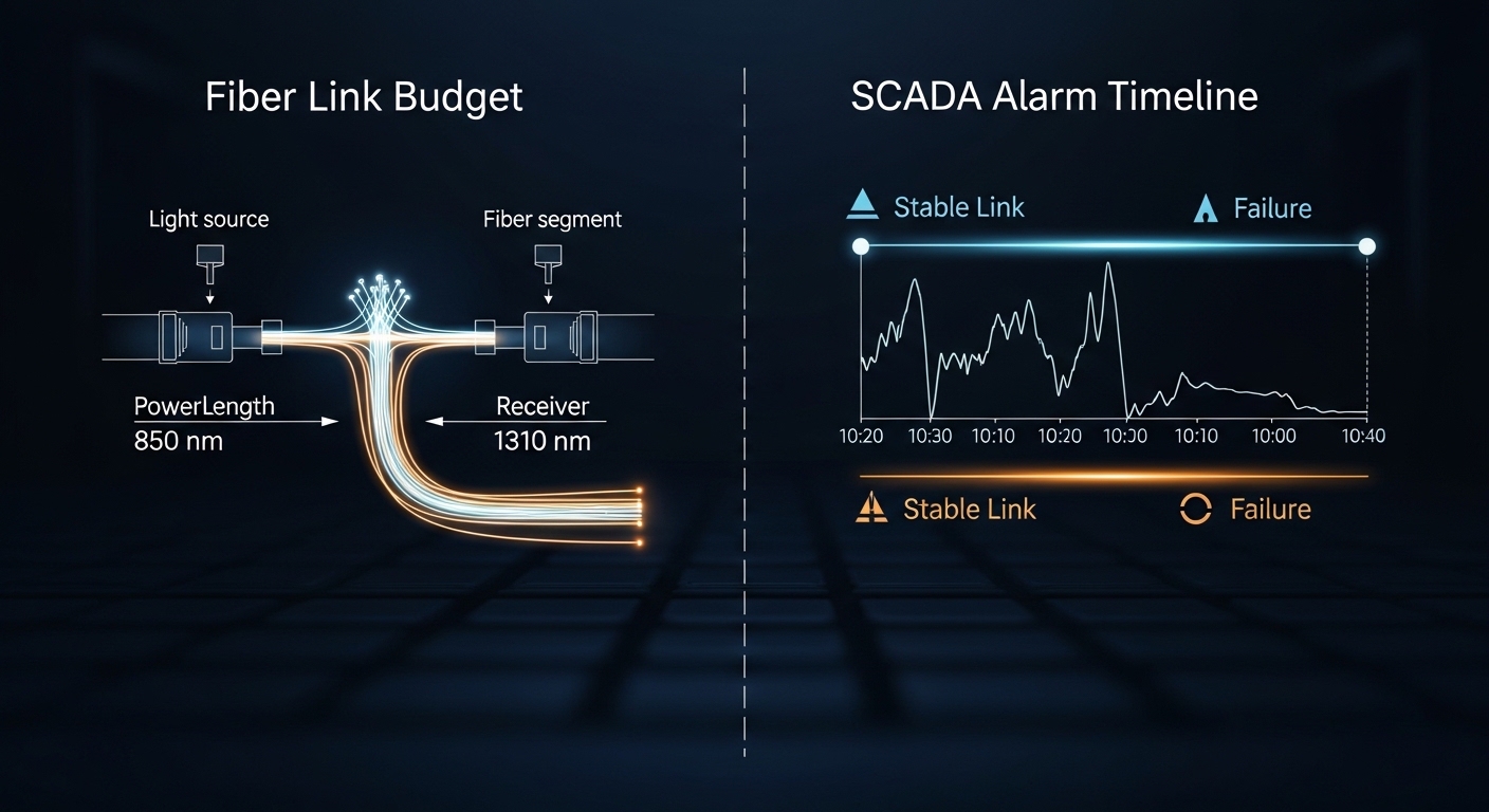 Conceptual illustration with a split-panel design; left side shows a fiber link budget diagram with wavelength bands labeled 