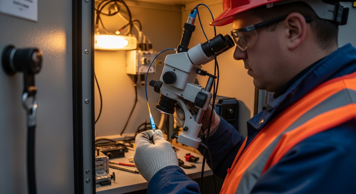 Lifestyle-style photo with industrial ambience: a field engineer in hard hat and safety vest holding a fiber inspection micro