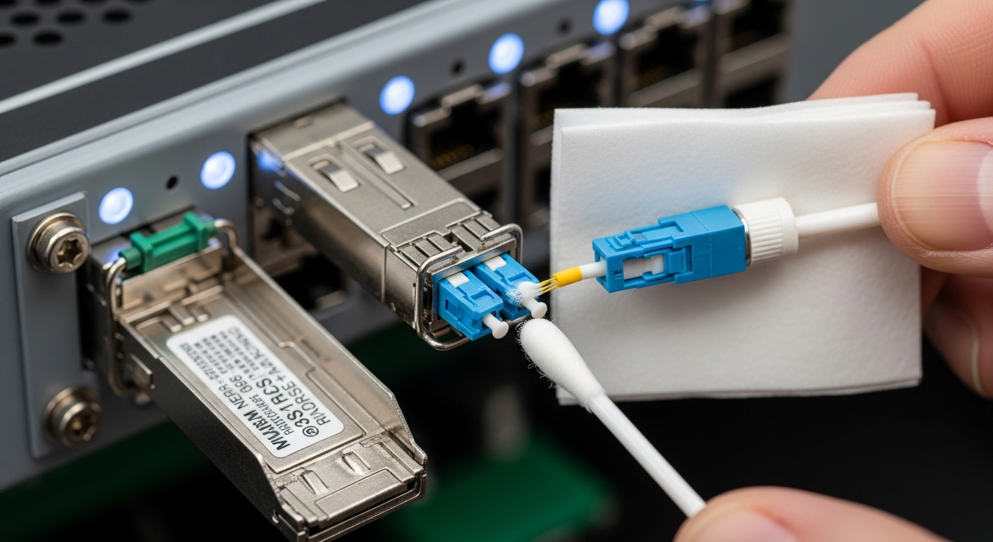 Close-up macro photography of a fiber optic connector endface being cleaned with a lint-free wipe and alcohol swab next to an