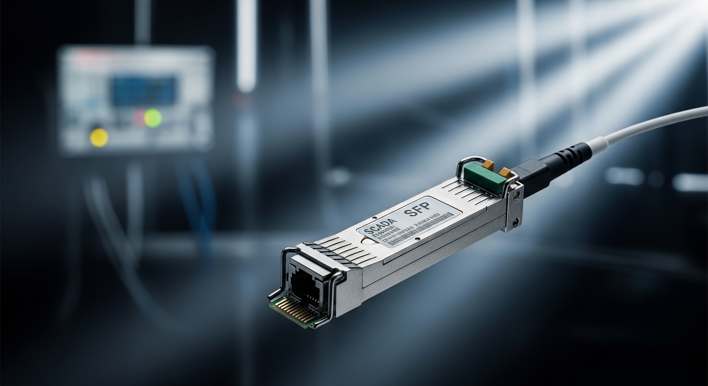 Cinematic editorial photograph of wastewater SCADA SFP, Fiber Transceiver for Wastewater Treatment SCADA, dramatic lighting, 