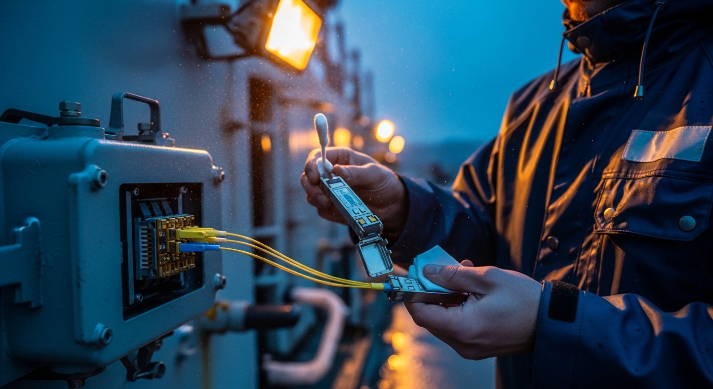 Photorealistic documentary photo on a ship deck at dusk; a rugged telecom technician in a waterproof jacket holds an open SFP