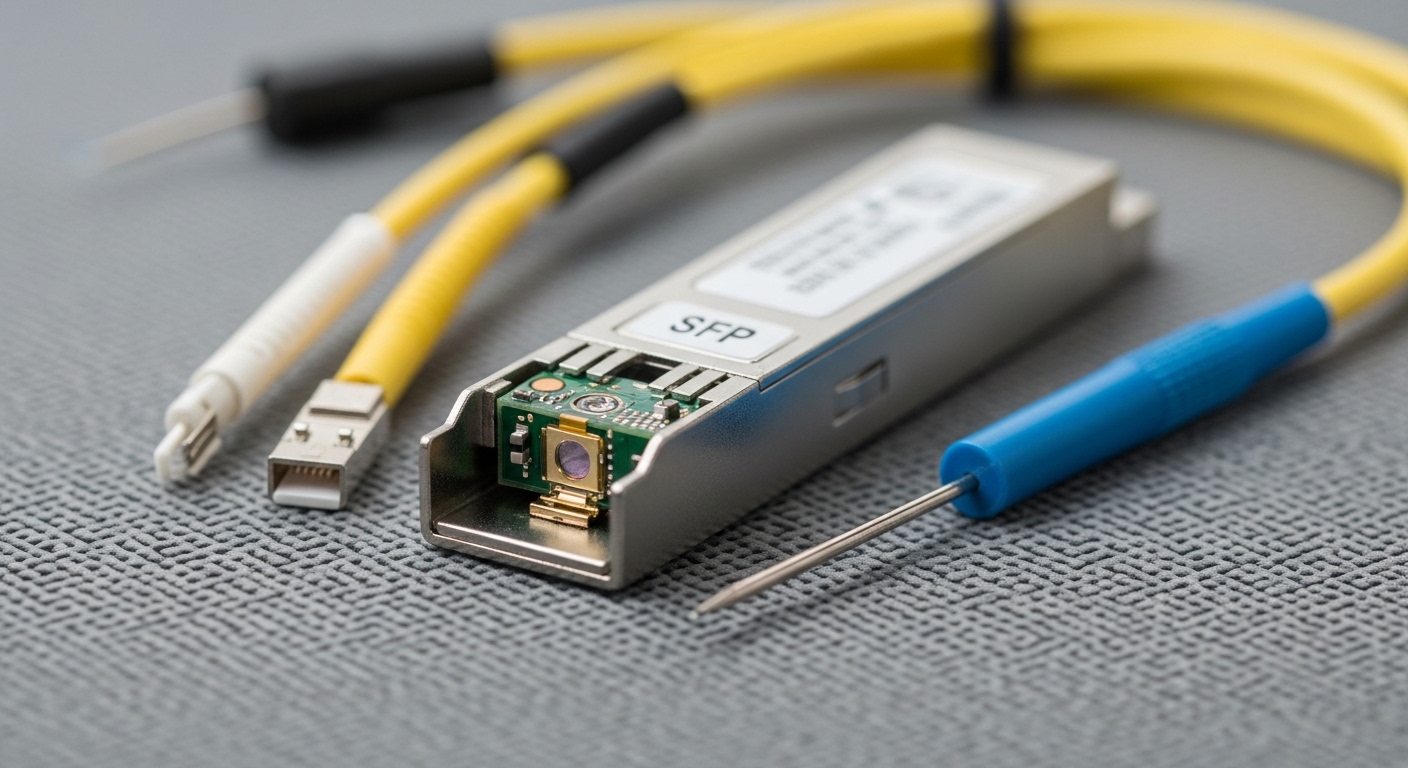 A macro photography close-up of an open fiber optic transceiver module labeled generically as “SFP,” sitting on an anti-stati