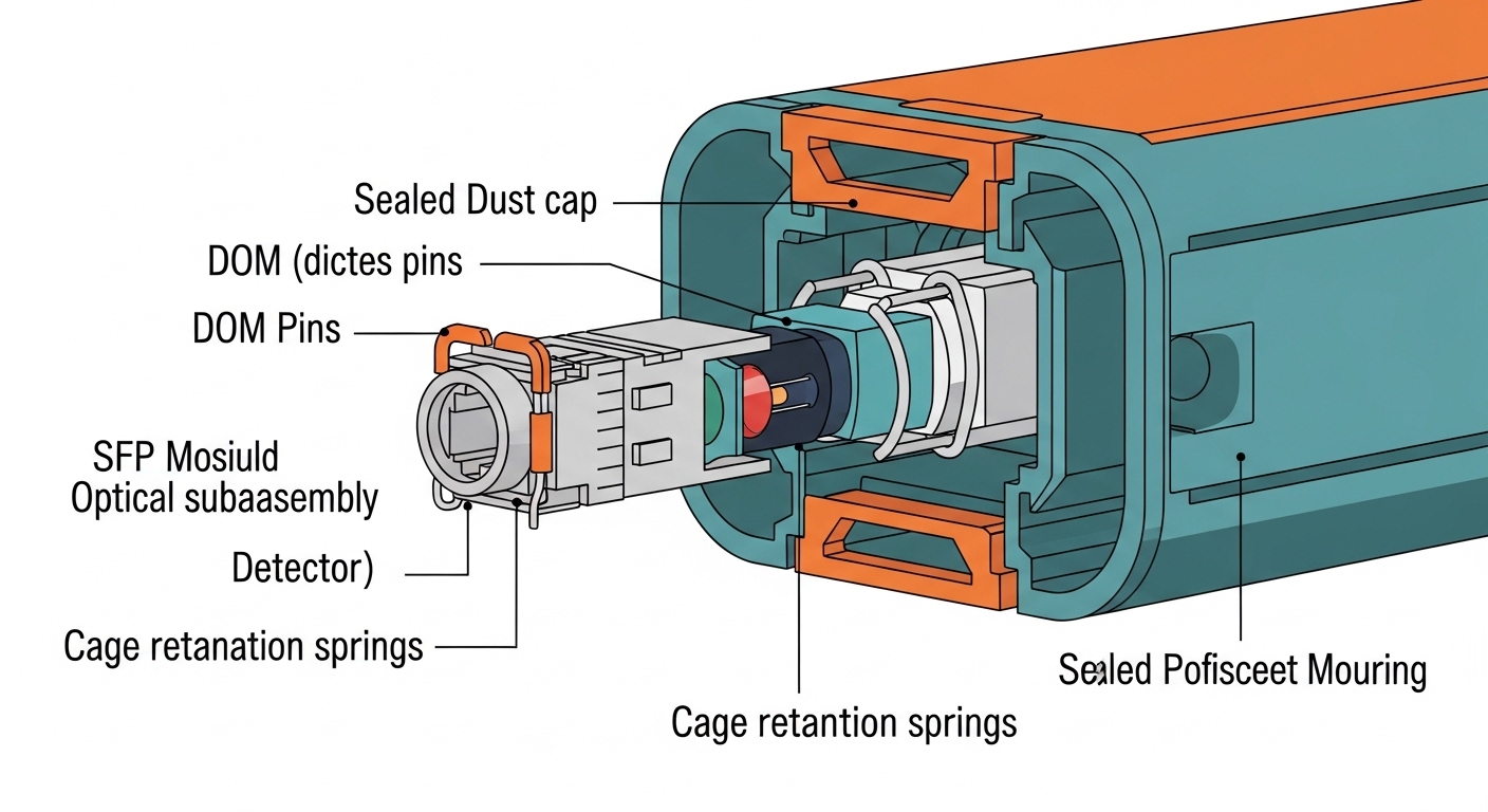 Clean-room style illustration; a cutaway diagram of an SFP module inside a rugged offshore switch cage, showing DOM pins, opt
