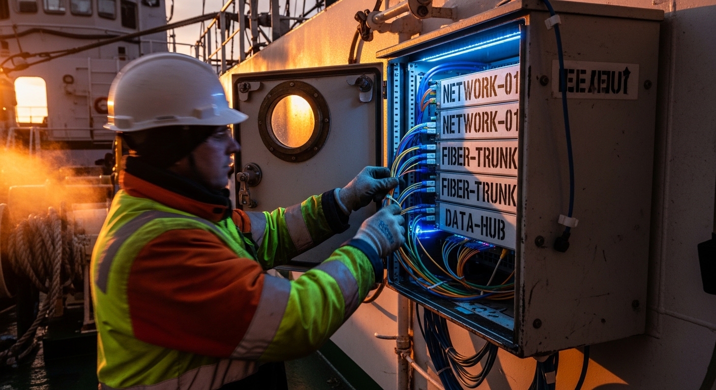Photojournalistic lifestyle scene aboard a working docked ship at dusk, showing a technician in high-visibility gear installi