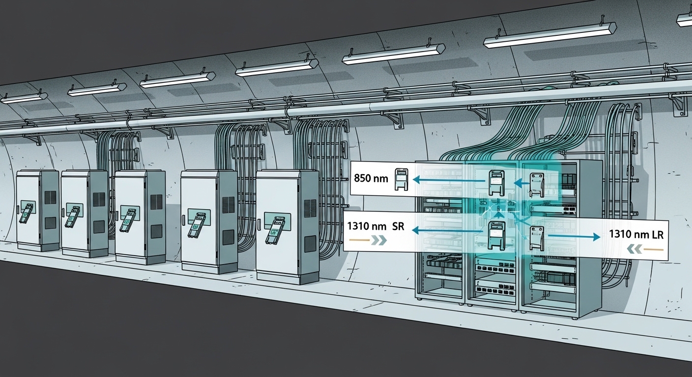 An illustrated cutaway concept drawing of a road tunnel with multiple monitoring cabinets along the wall; fiber optic cables 