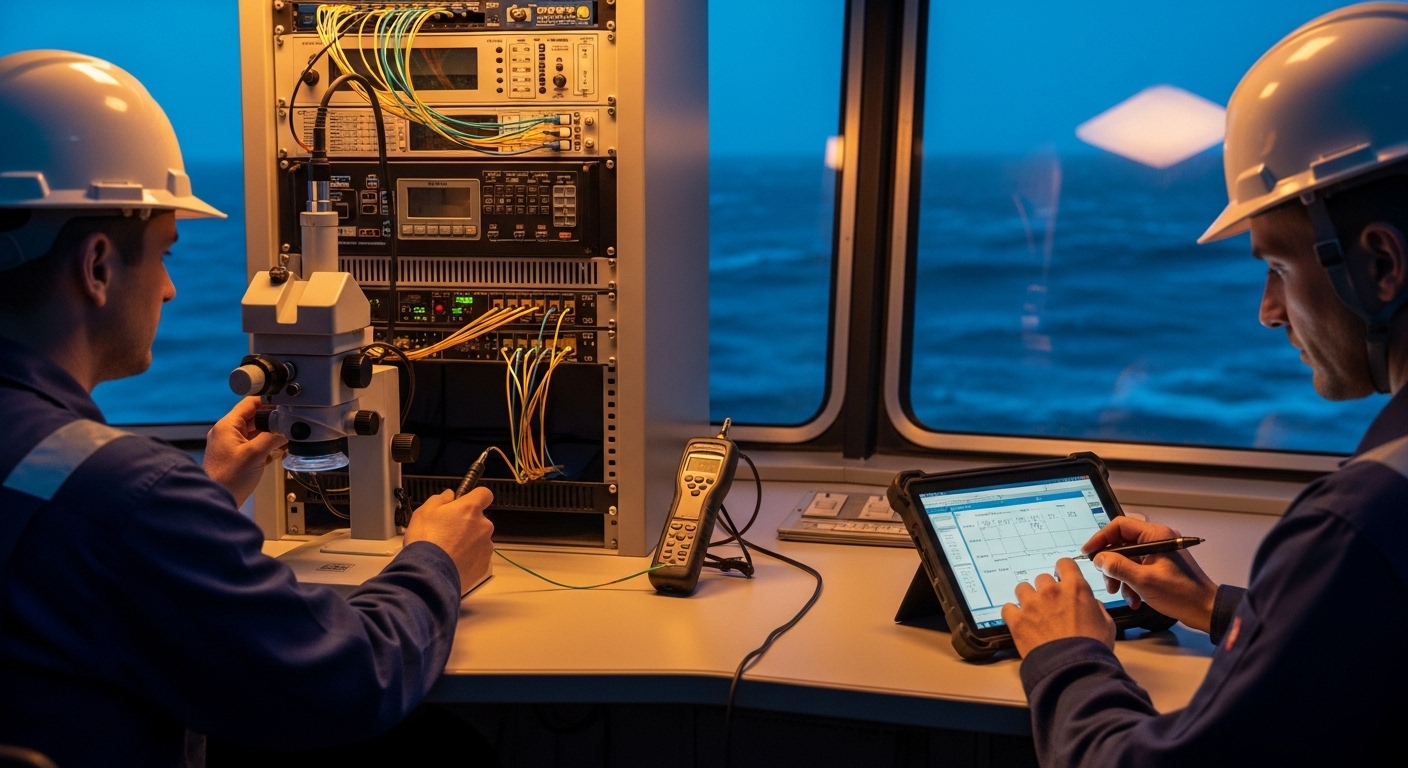 Lifestyle scene with cinematic realism; an offshore control room window shows rough waves at night; inside, a technician uses