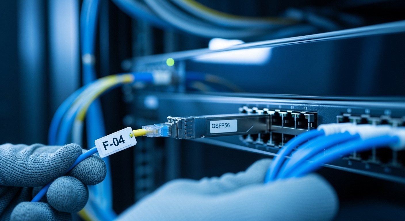 Photorealistic close-up inside a data center rack showing a QSFP56 transceiver seated in a switch port, with a technician’s g