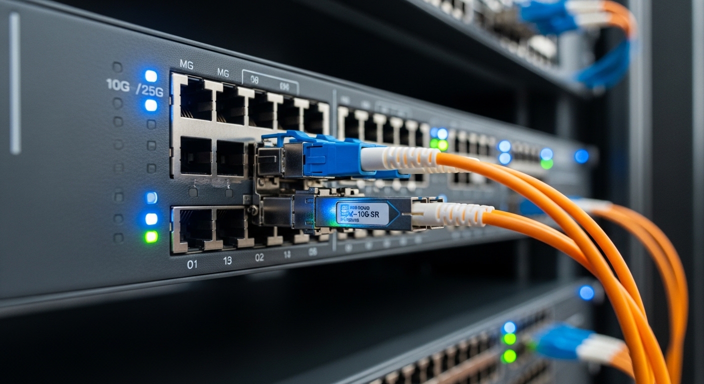 Photorealistic wide-angle photography of a 48-port 10G/25G leaf switch in a modern data center rack, close-up on two installe