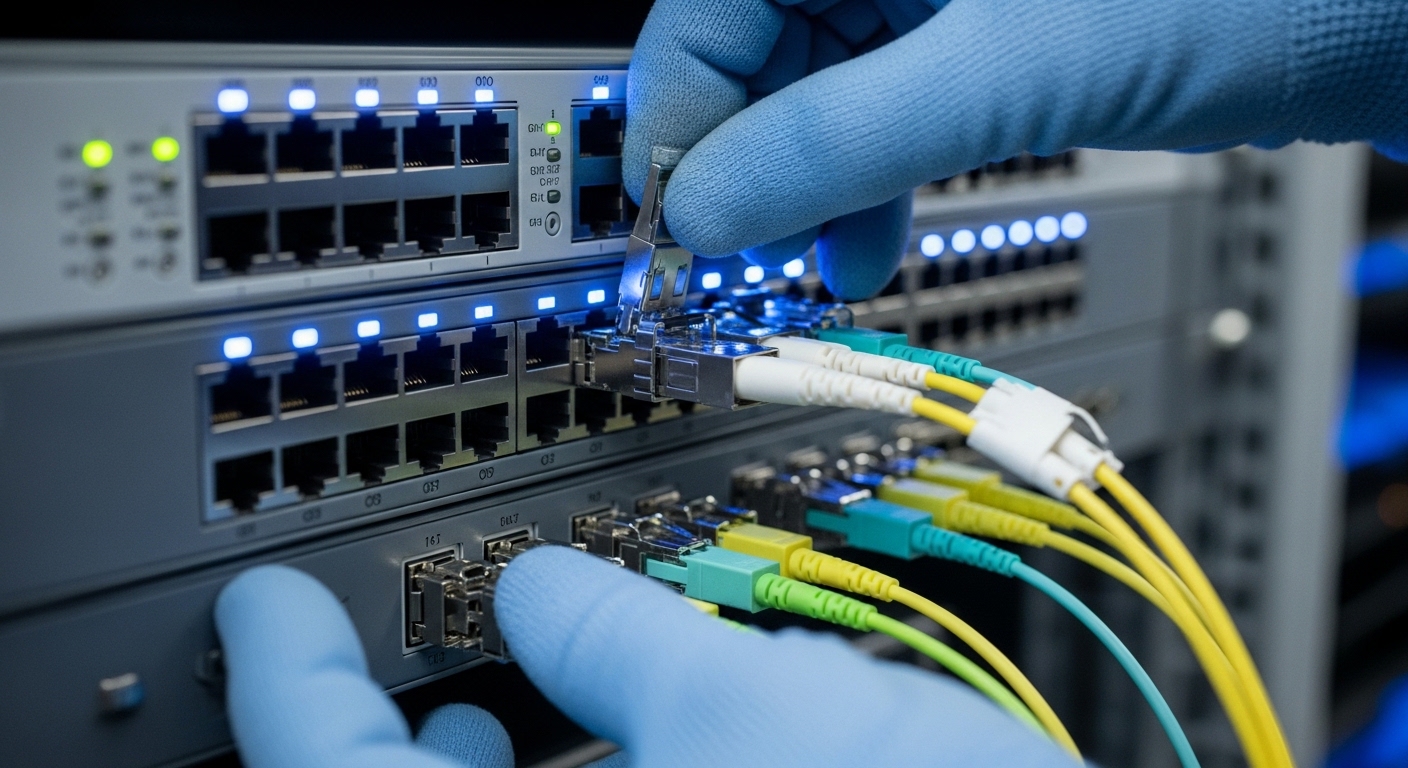 Photorealistic close-up of a rack-mounted 800G switch faceplate with multiple QSFP-DD or OSFP cages, a technician’s gloved ha