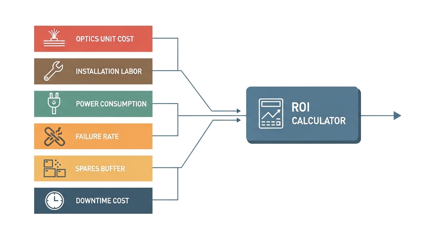 Clean vector illustration showing a simplified cost model diagram: optics unit cost, installation labor, power consumption, f