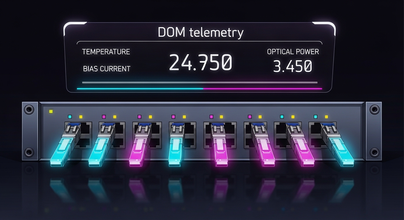 Illustration concept art showing a network switch faceplate with glowing port indicators and a floating “DOM telemetry” dashb
