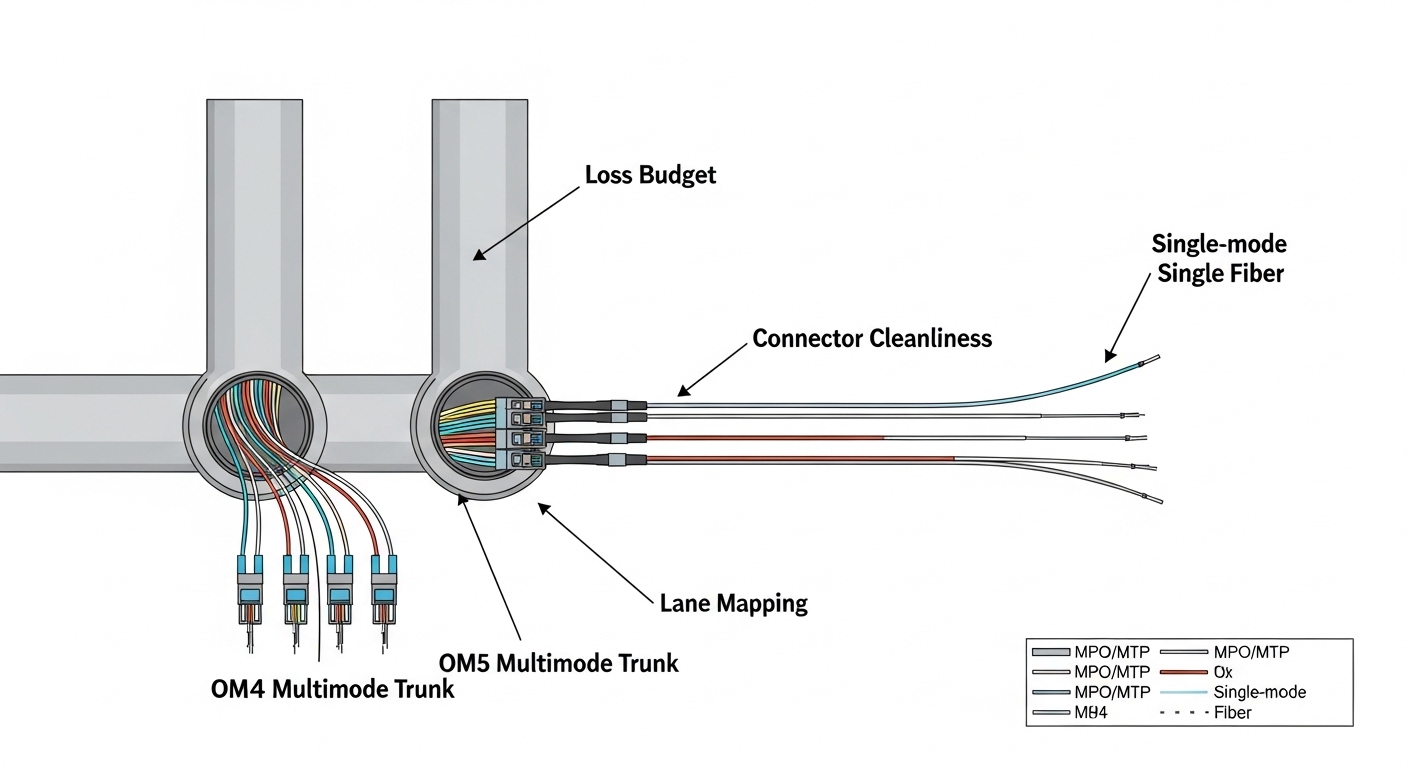 Clean vector illustration showing a data center fiber cross-section: OM4/OM5 multimode trunks with MPO/MTP connectors on the 