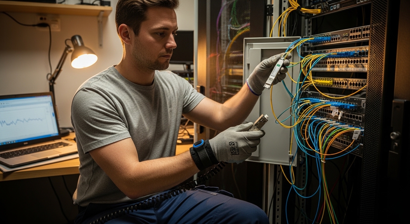 Real-world lifestyle scene in a small network ops room: a field engineer wearing an ESD wrist strap holds a fiber optic trans
