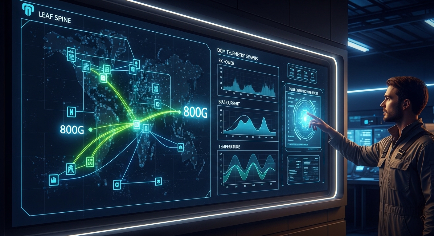 Concept art style scene of a network operations center wall: a glowing topology map showing leaf-spine links, highlighted 800