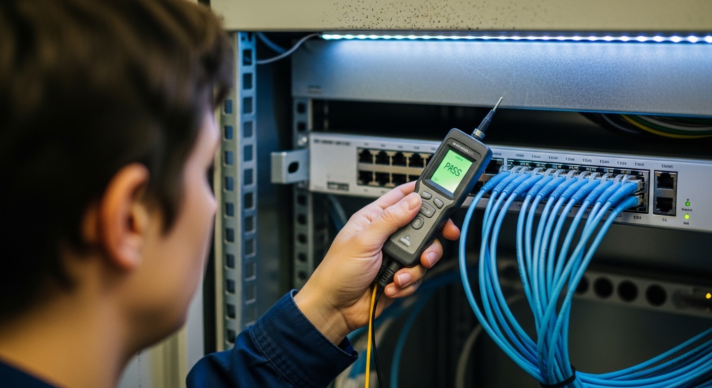 A photorealistic scene inside a small edge data cabinet at a regional site, showing a 24-port Ethernet switch with multiple L