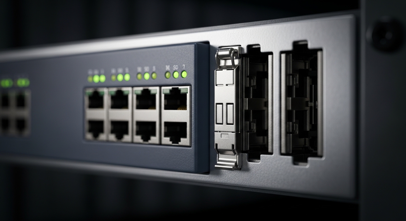 Photorealistic close-up of a telecom rack front panel, showing a line card with built-in fiber ports (fixed optics) and a nei