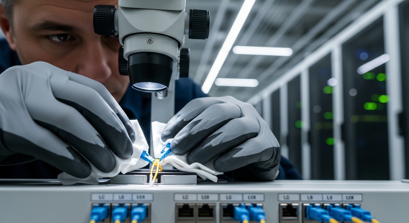 A high-resolution photography scene inside a modern data center aisle, focus on a technician wearing ESD-safe gloves cleaning