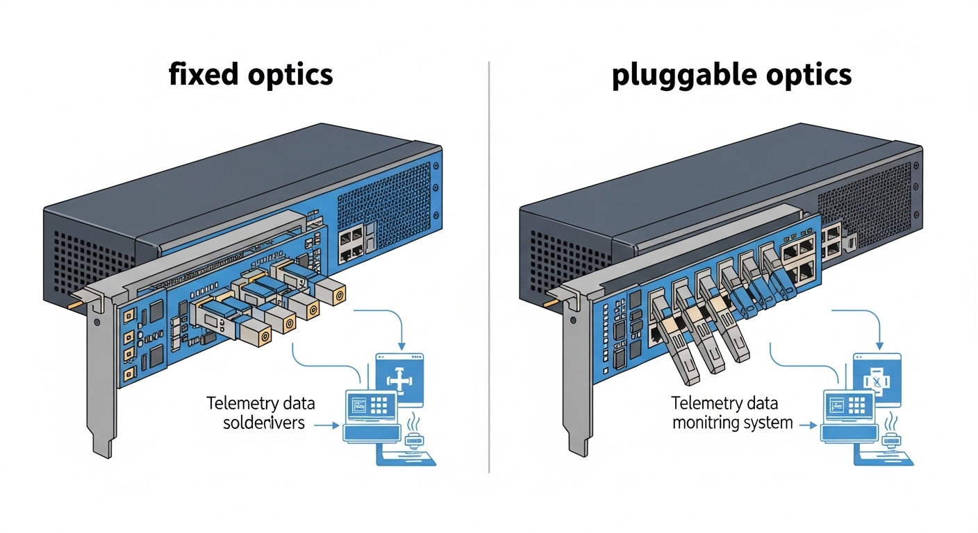 Illustration diagram comparing two network rack scenarios, one labeled “fixed optics” with an integrated line card and one la