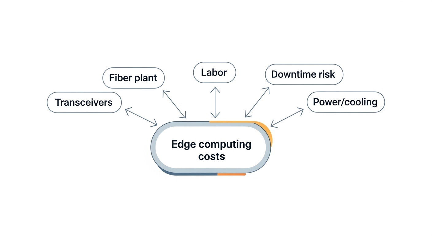 Clean vector illustration showing a cost-flow diagram labeled in English, with arrows from “Fiber plant,” “Transceivers,” “La
