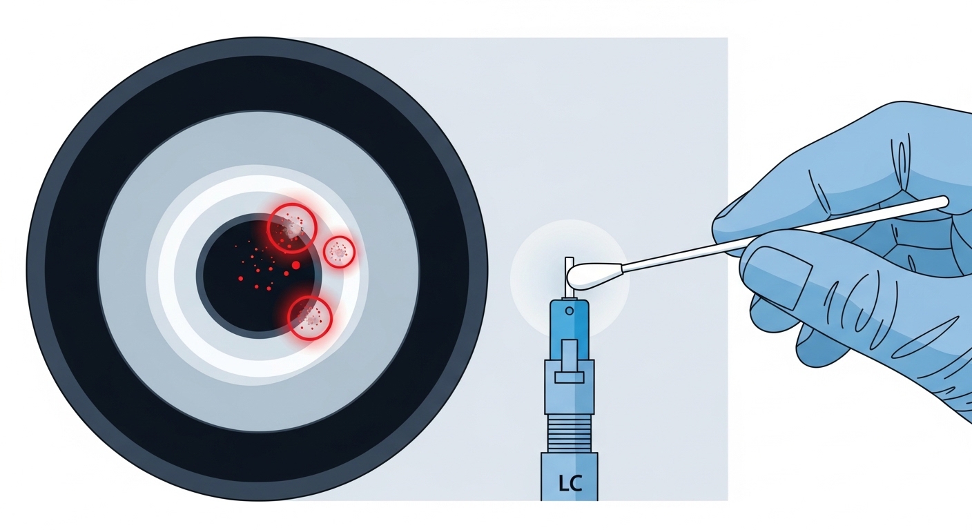 Clean-room style illustration of a connector endface inspection workflow, showing an illuminated fiber microscope view with d