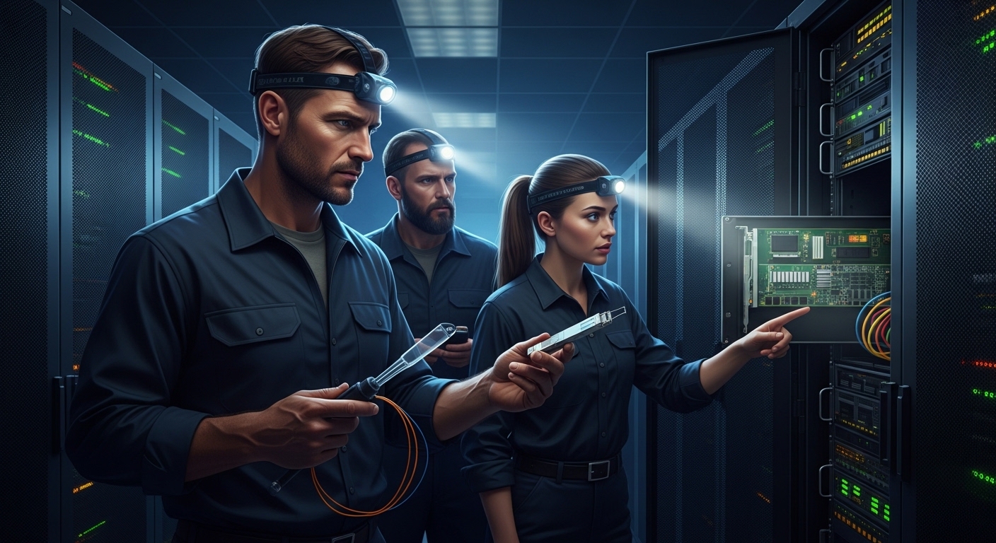 Concept art style scene of an IT operations team wearing headlamps in a server room, holding a fiber cleaning kit and a trans