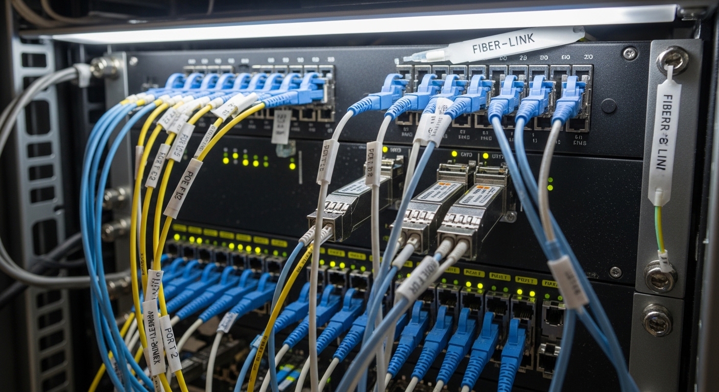 A high-resolution photography scene inside a telecom edge cabinet: open rack with a fiber patch panel and multiple installed 