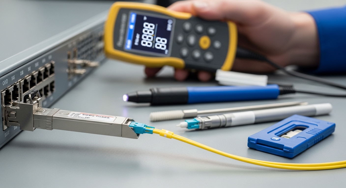 A photorealistic close-up of an SFP+ optical transceiver plugged into a network switch port, with a technician holding a hand