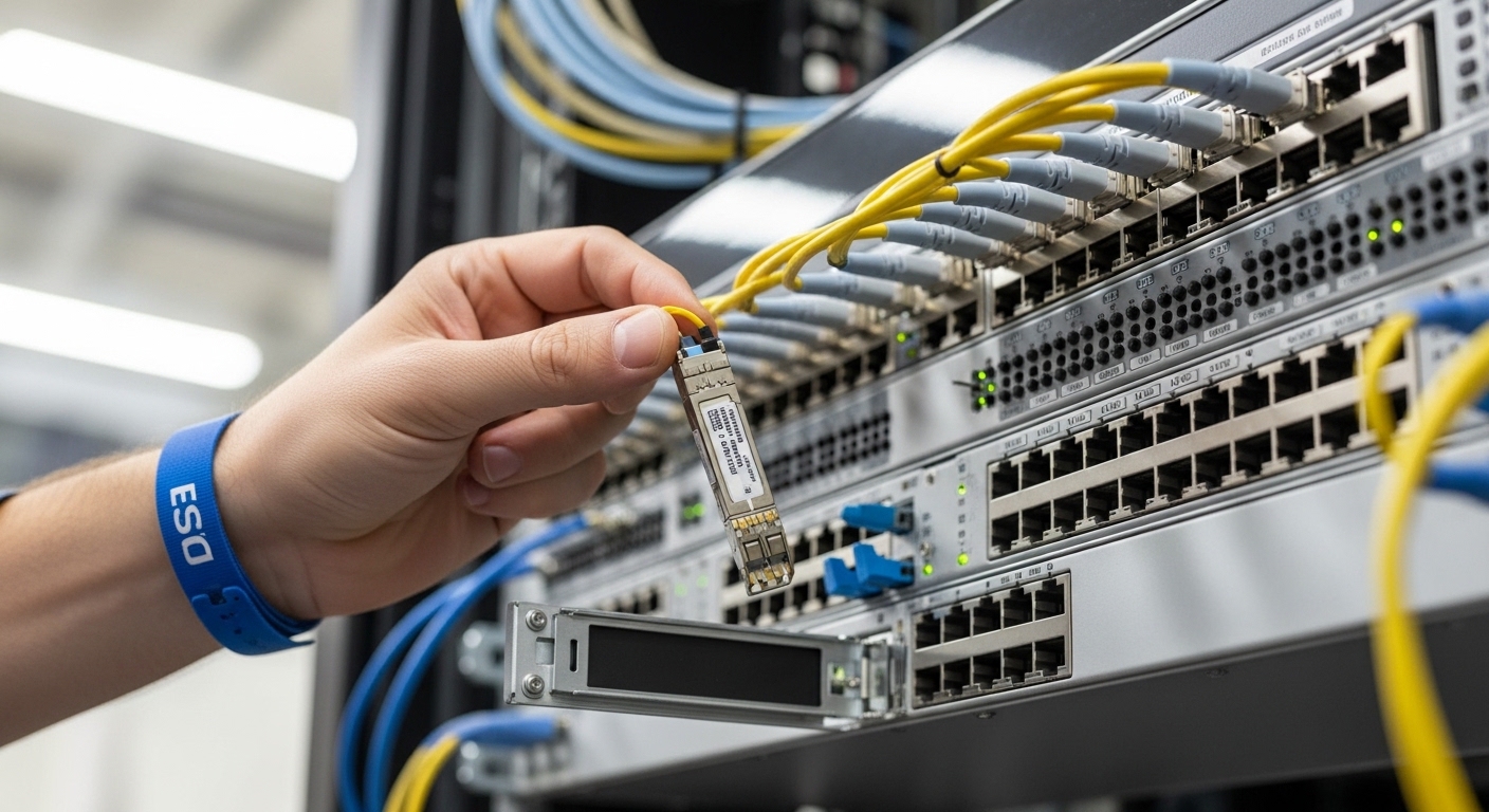 Photorealistic shot of a rack-mounted leaf switch with multiple QSFP28 cages, a technician wearing ESD wrist strap holding a 
