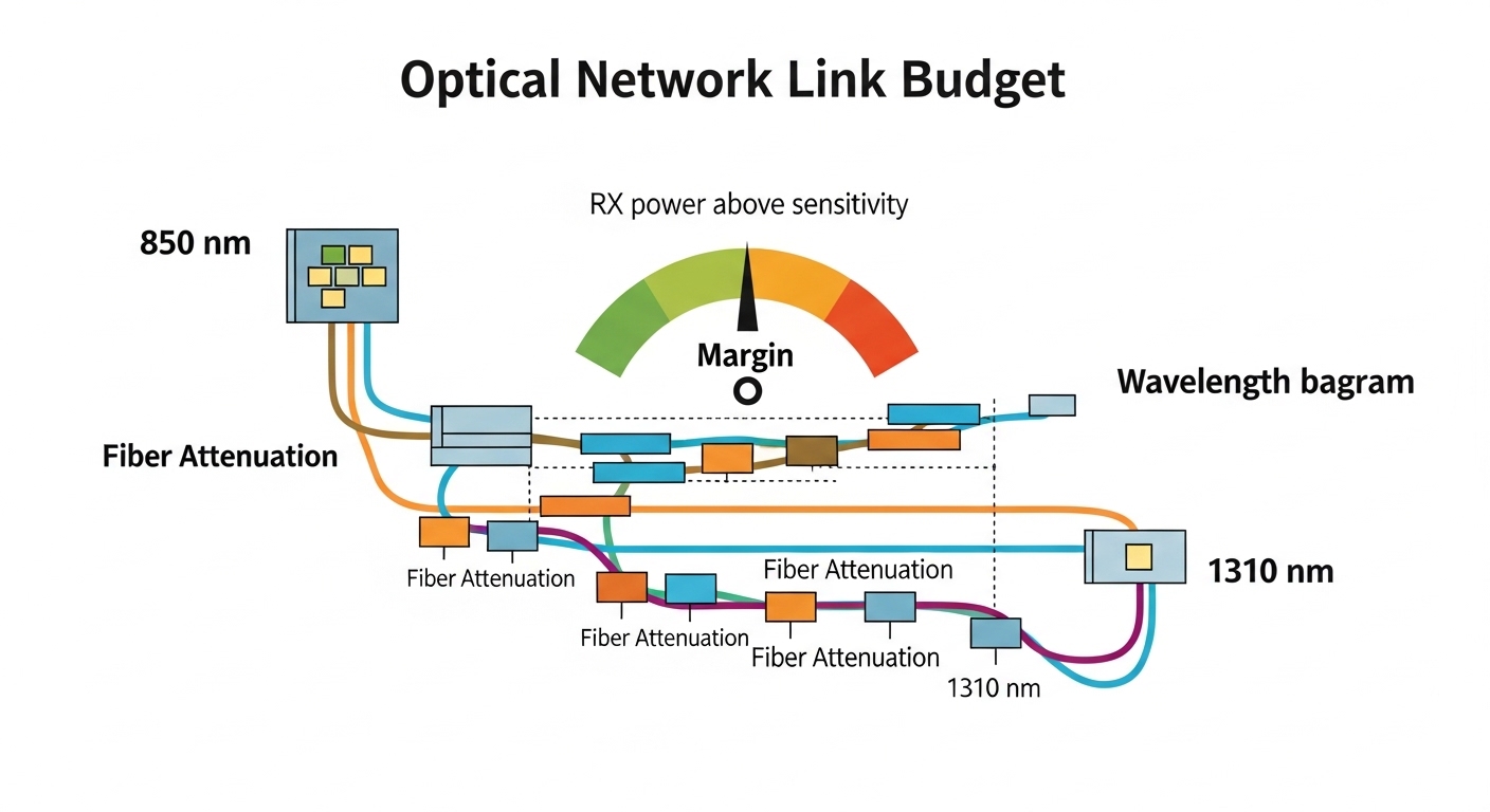 Clean vector illustration of an optical network link budget diagram showing wavelength bands (850 nm and 1310 nm), fiber atte