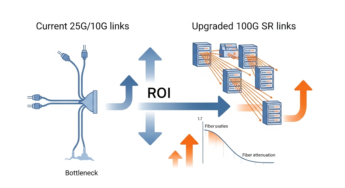 Clean vector illustration showing a cost-benefit diagram: left side “current 25G/10G links” feeding a bottleneck icon, right 