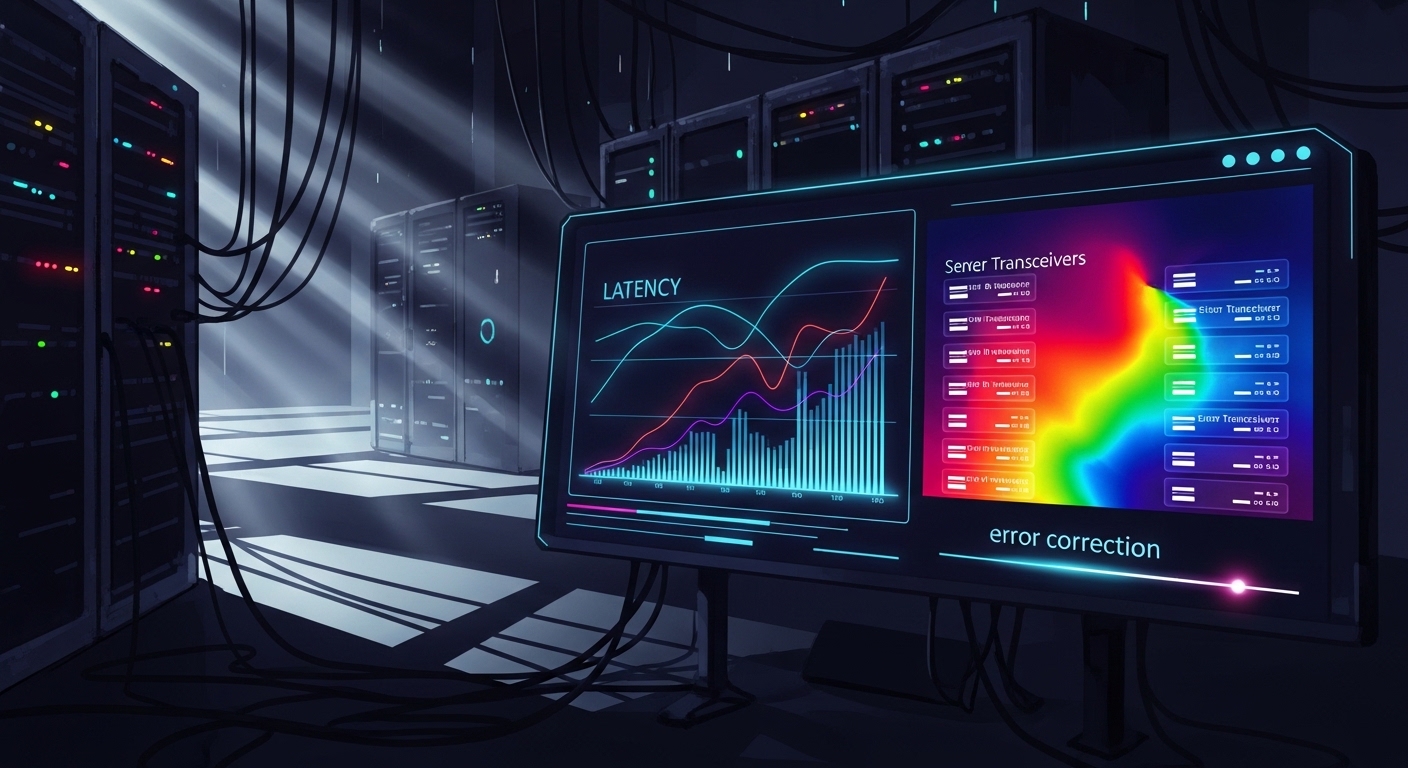 Concept art scene of a server room during an incident response, showing a dashboard with rising latency graphs, a thermal cam
