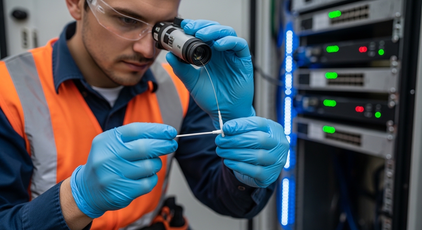 Lifestyle-style photography of a field technician in high-visibility gear cleaning fiber connectors at an edge site, hands us
