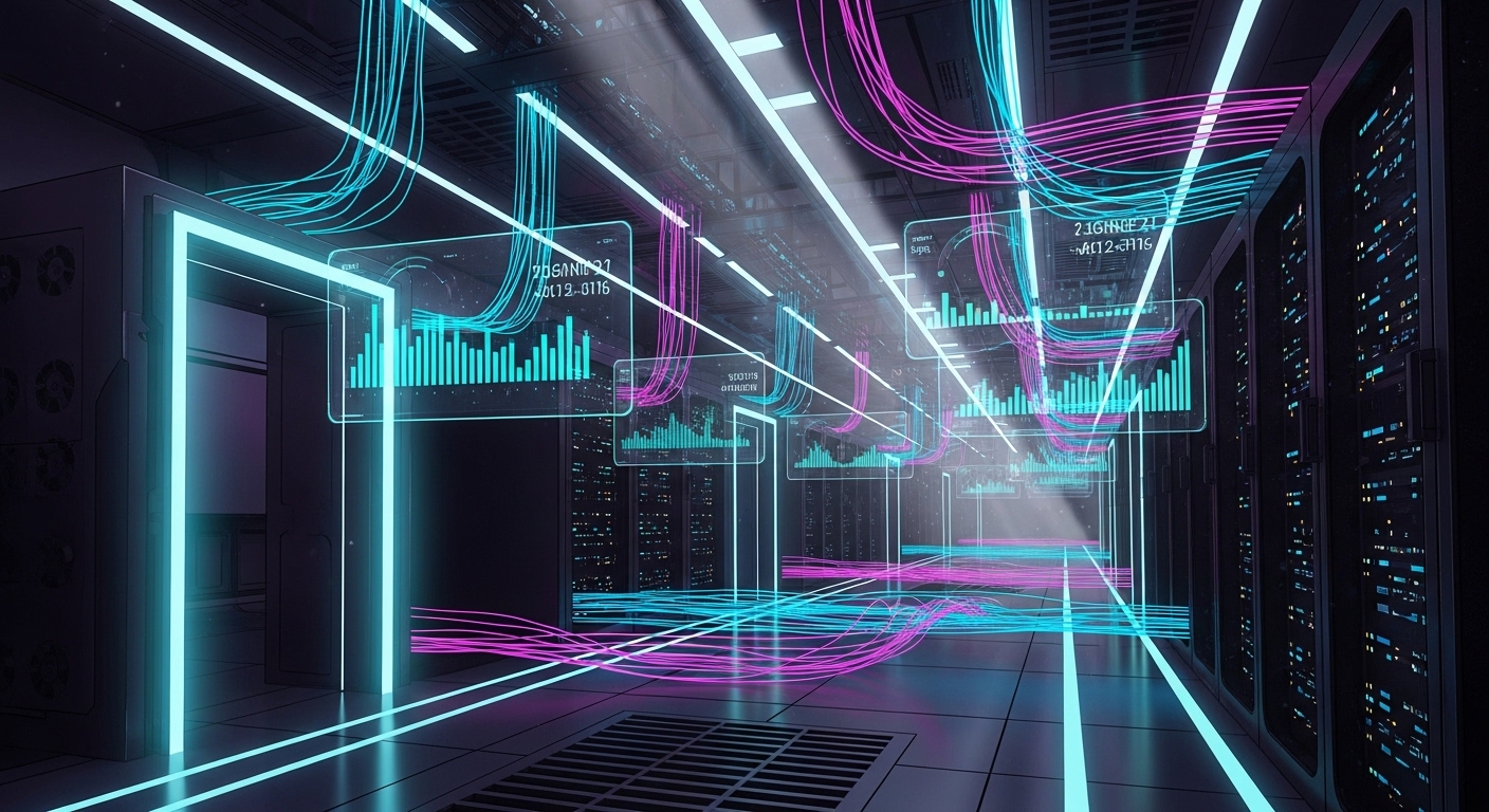 Concept art scene of a futuristic data center corridor with glowing fiber lines connecting GPU racks, translucent overlays of