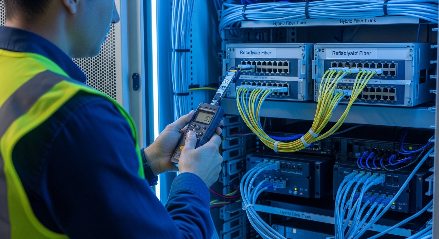 A high-resolution photography scene inside a colocation meet-me room, showing two redundant fiber patch panels with clearly l