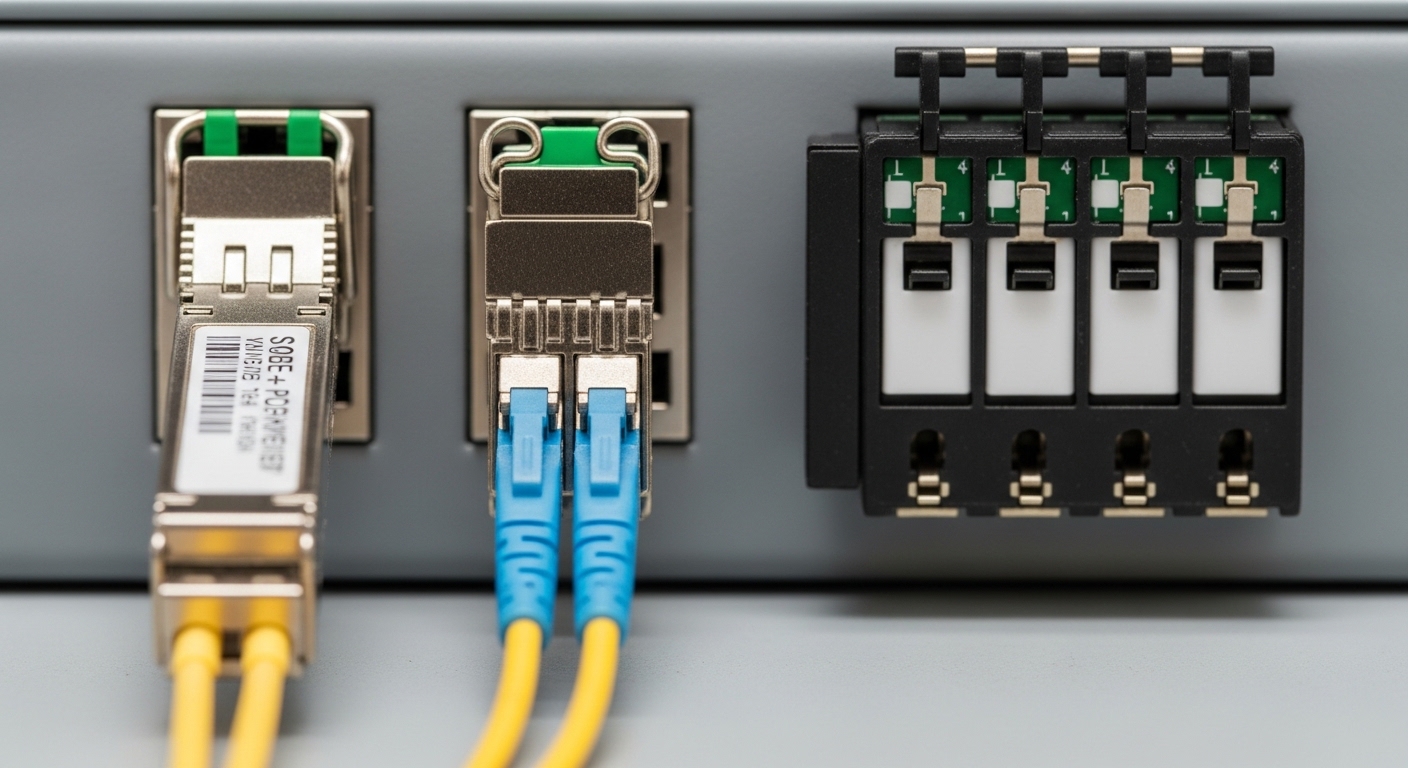 Close-up photography of two LC fiber connectors on a fiber patch panel, one side with a powered SFP+ transceiver module insta