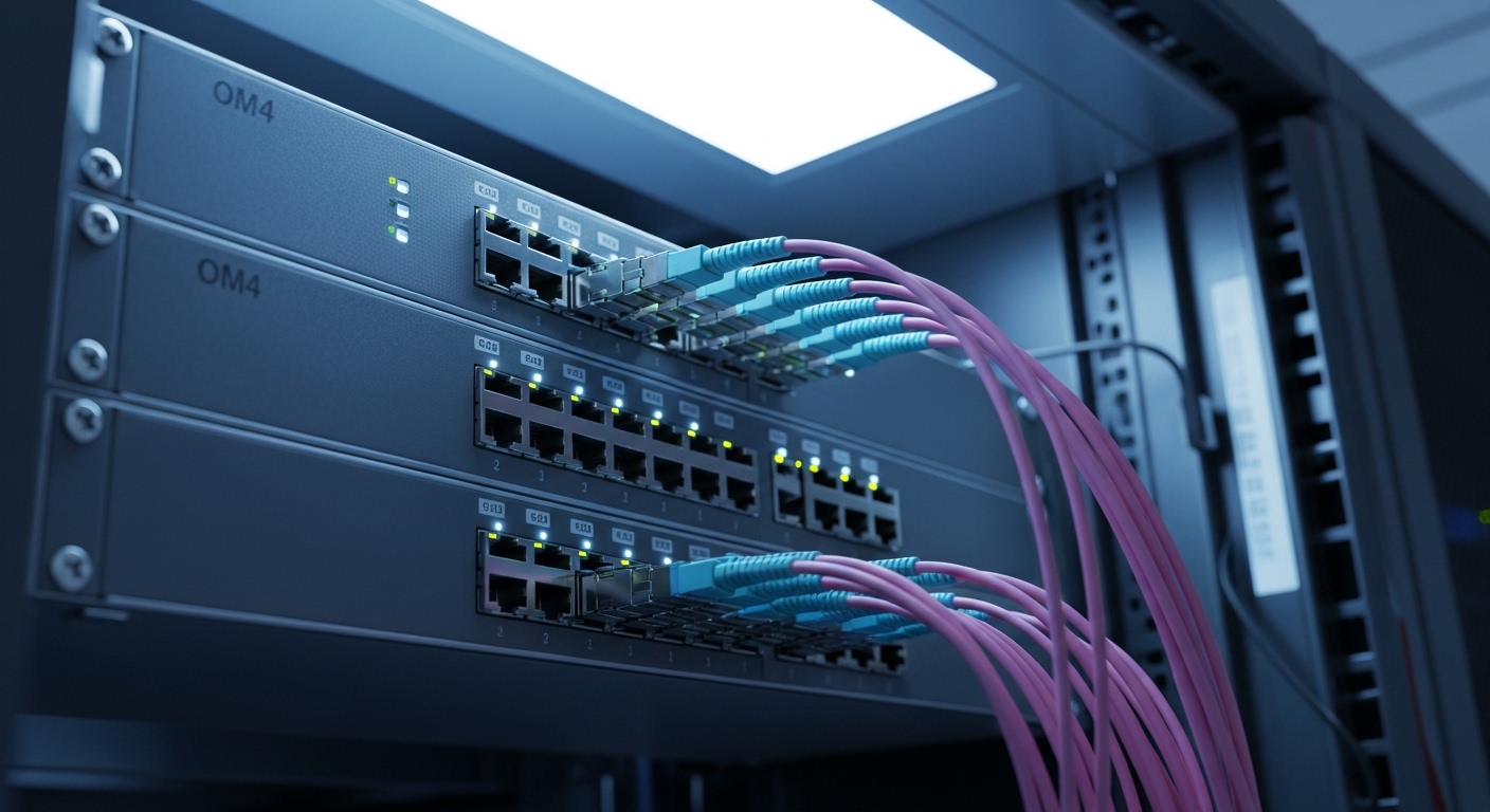 Photorealistic scene inside a server rack row, close-up of a leaf switch with visible pluggable QSFP28 transceivers and LC fi