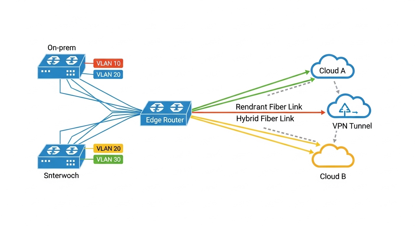 Clean vector illustration with a layered network diagram, showing on-prem switches with VLAN tags flowing through an edge rou