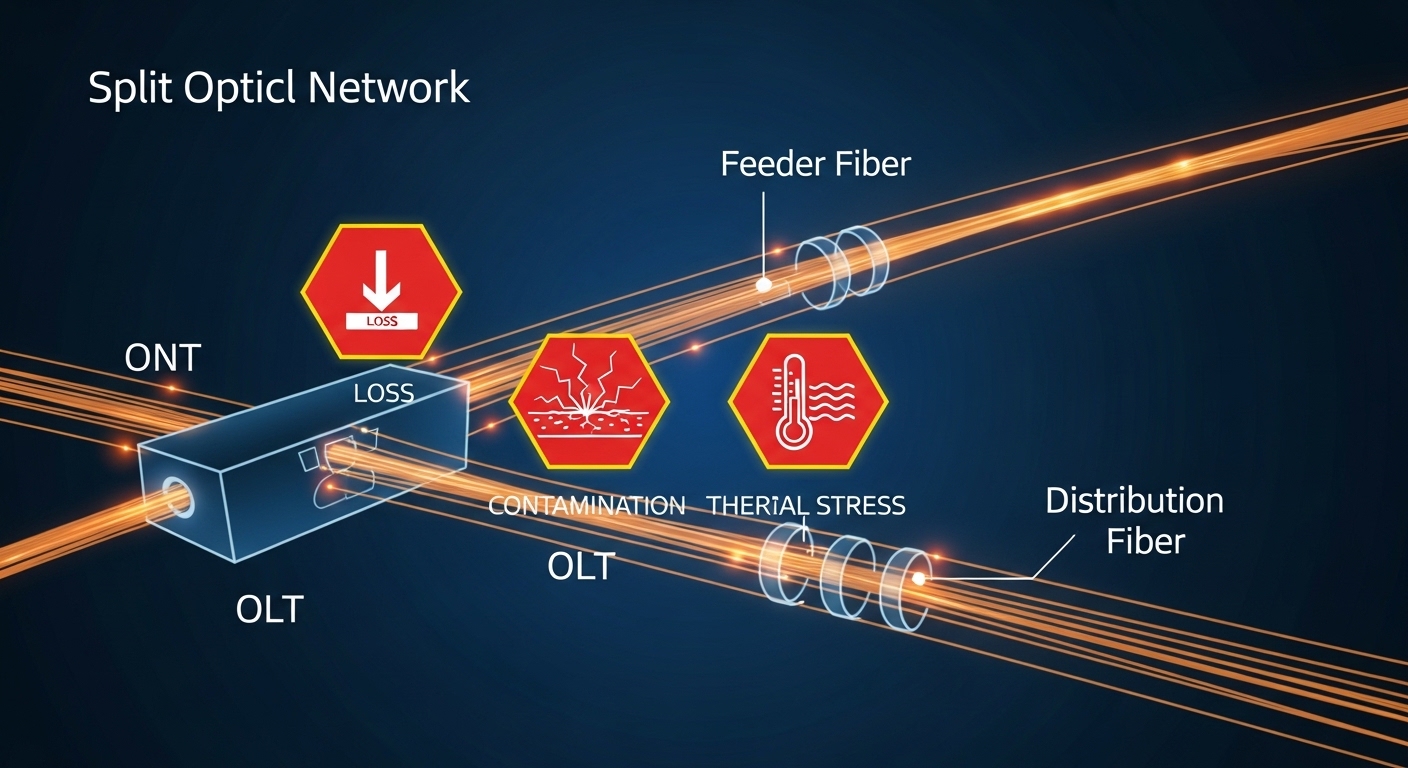 Illustrated concept art showing a split optical network diagram overlaid with warning icons for “loss,” “contamination,” and 
