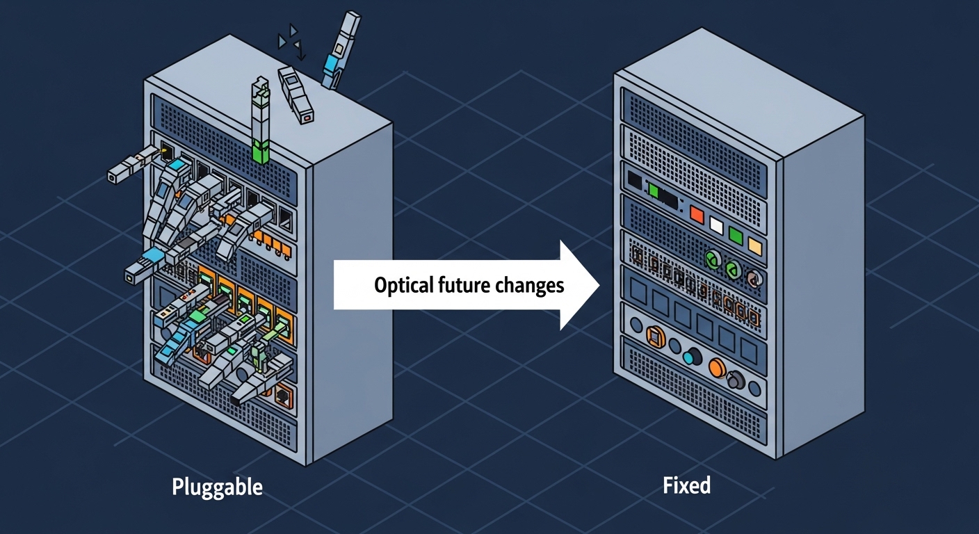 Conceptual illustration in isometric style showing two parallel server racks: one rack labeled “Pluggable” with small modular