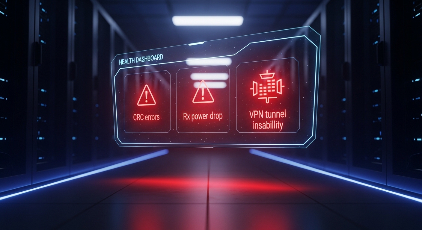 Concept art style scene of a network “health dashboard” hovering over a data center aisle, showing red warning icons for CRC 