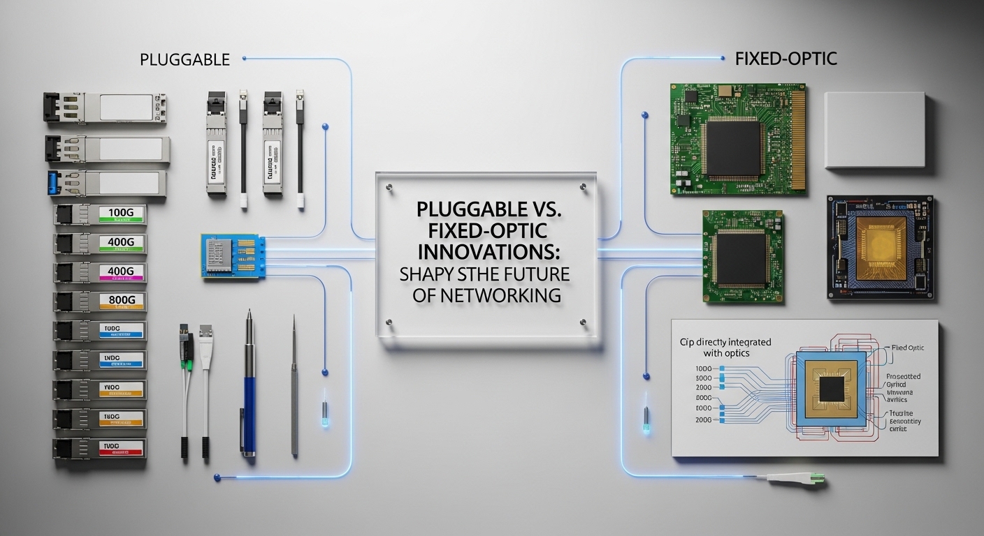 Overhead flat-lay composition of optical future, Pluggable Vs. Fixed-Optic Innovations: How They Shape the Future of Networki