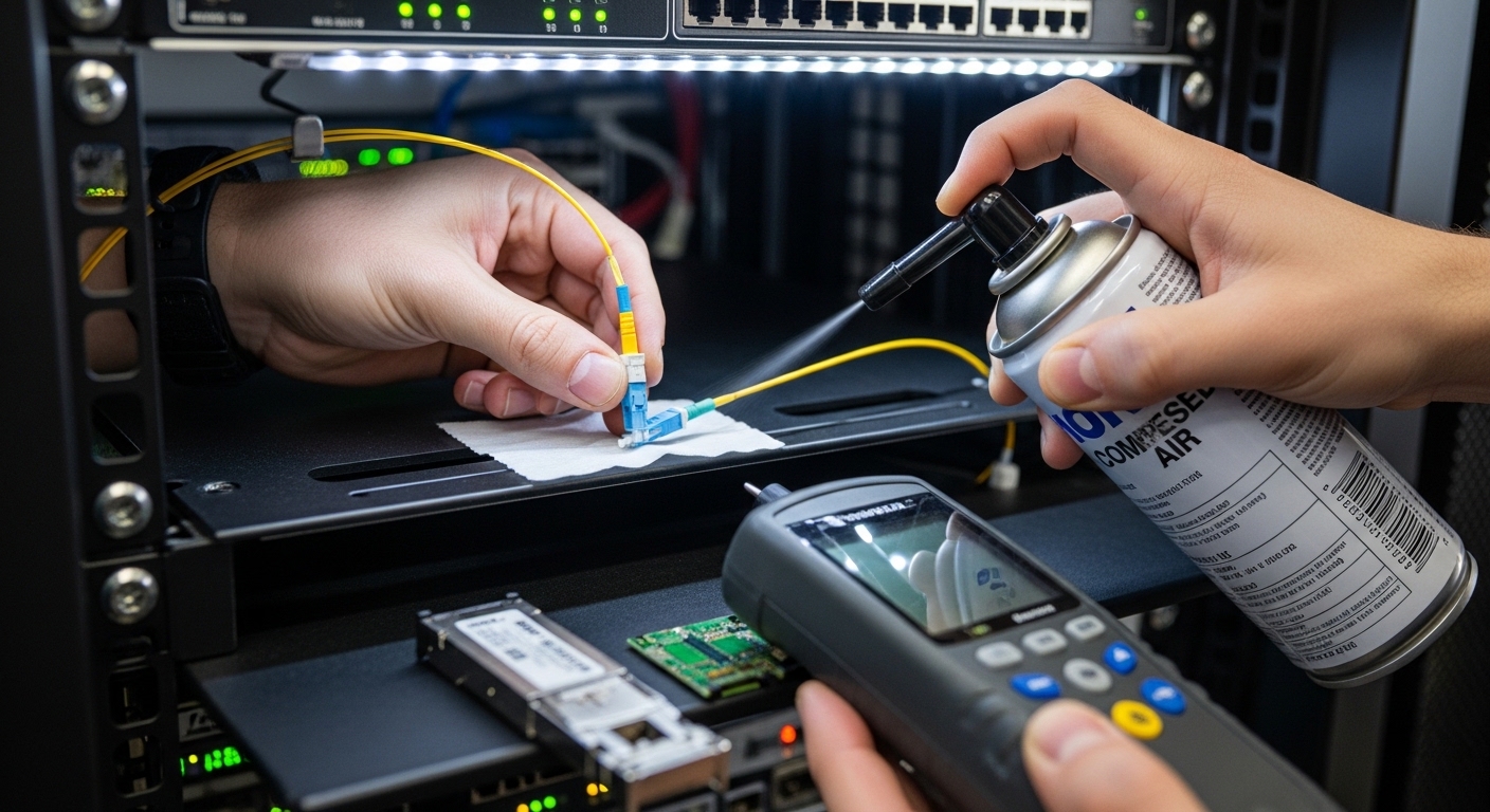 Photorealistic close-up of an LC fiber connector cleaning station on a server rack, showing a technician using a lint-free wi