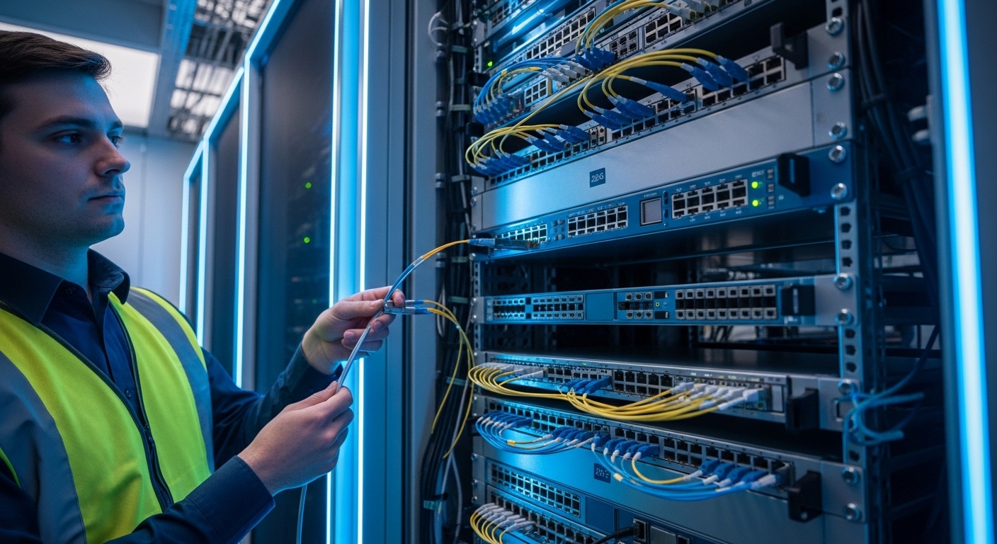 A cinematic wide-angle photography scene inside a modern data center, hands-on engineer in high-visibility vest holding a fib