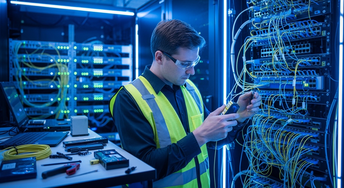 Photorealistic workshop scene inside a data center aisle, a technician in high-visibility vest labeling LC fiber jumpers on a