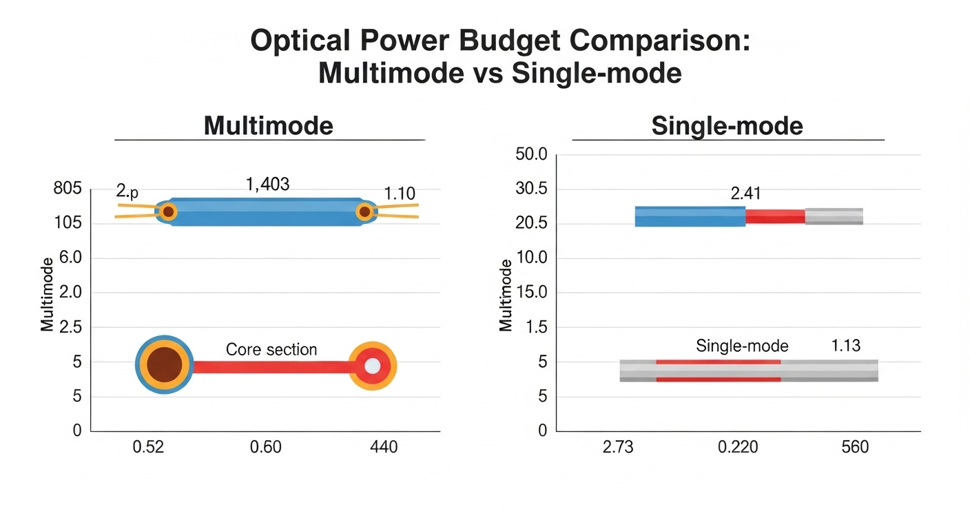 Clean vector illustration comparing optical power budgets for multimode vs single-mode; two stacked horizontal bar charts sho