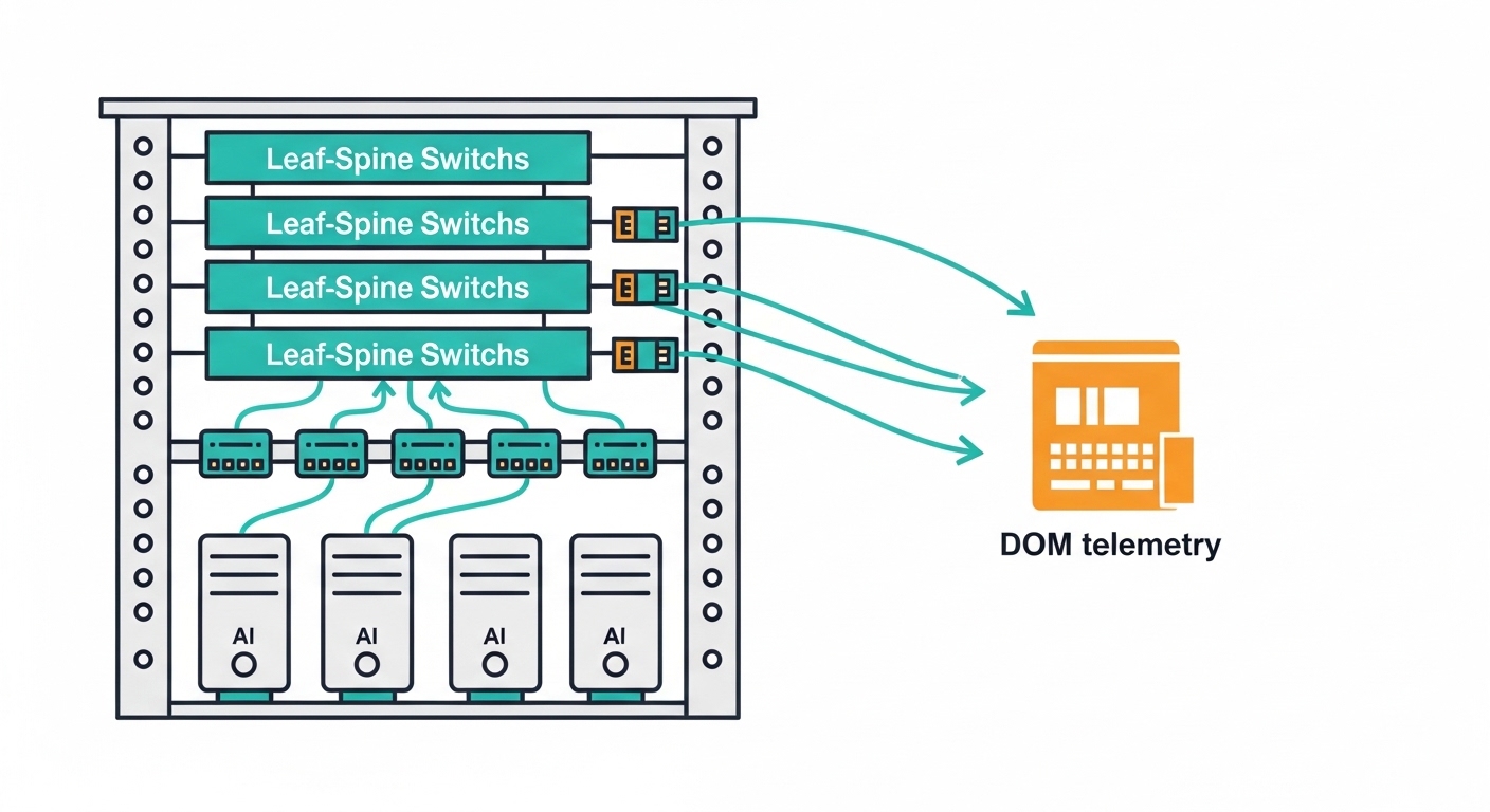 Clean vector illustration of a network rack diagram with leaf-spine switches, AI servers, and transceiver icons; arrows show 