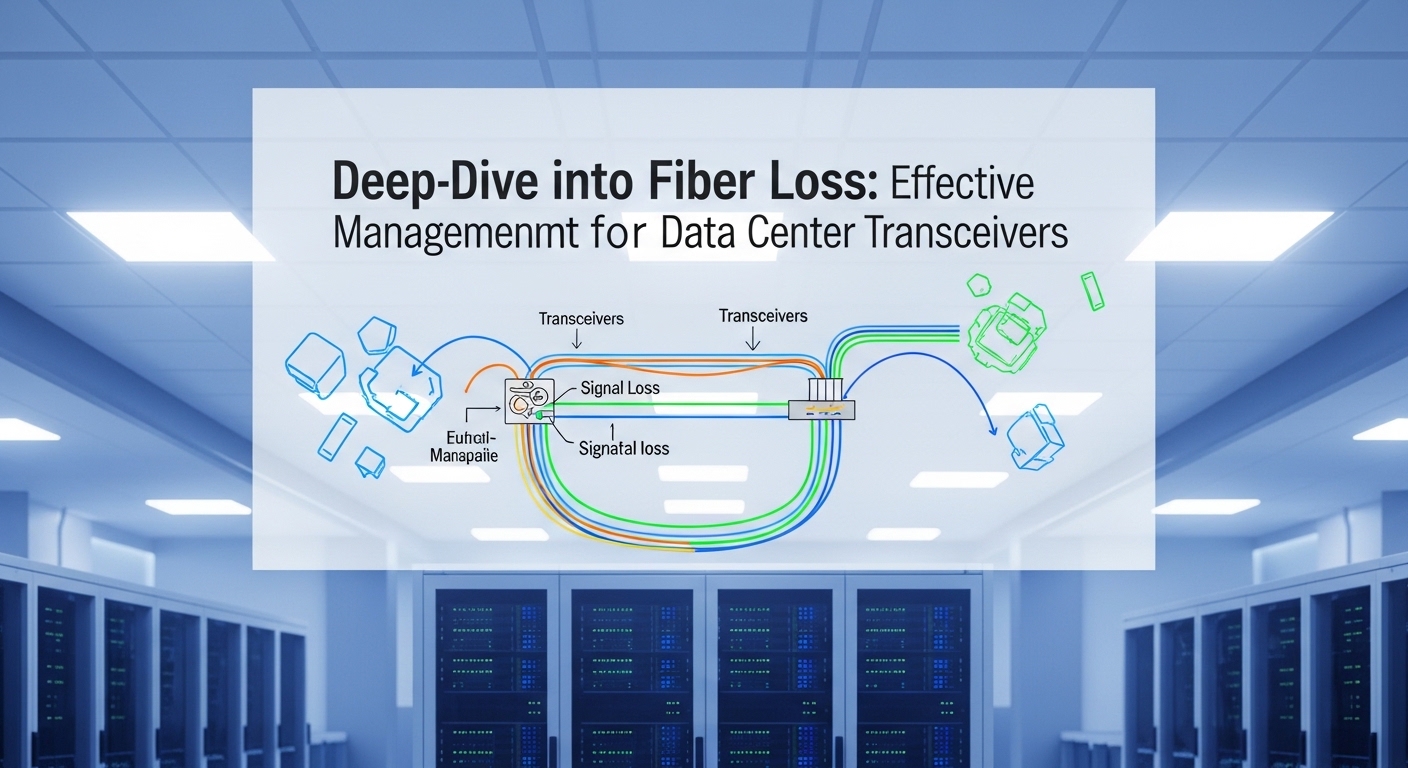 Minimalist design showcasing data center, Deep-Dive into Fiber Loss: Effective Management for Data Center Transceivers, clean